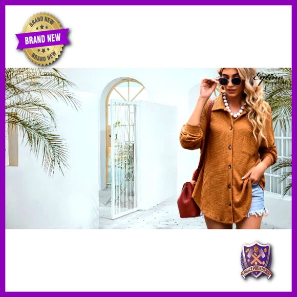 Plus Size Waffle Knit Shacket Long Sleeve Button Down Boyfriend Shirt - Picture 7 of 7